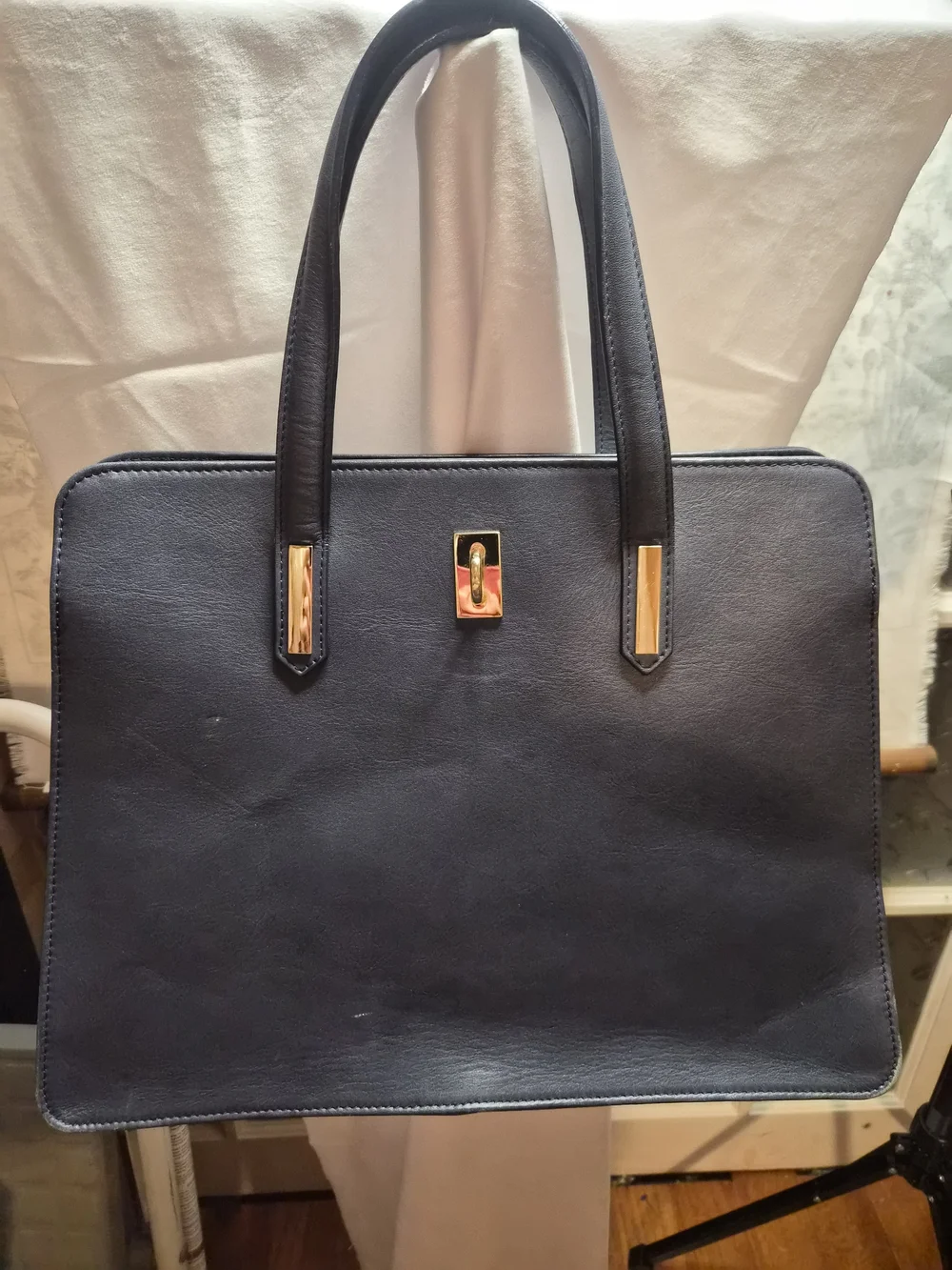Italian Vera Pelle Genuine Leather Navy Satchel Tote Purse Gold Hardware